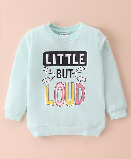 Tango Looper Knit Full Sleeves Sweatshirt with Text Print - Aqua Blue