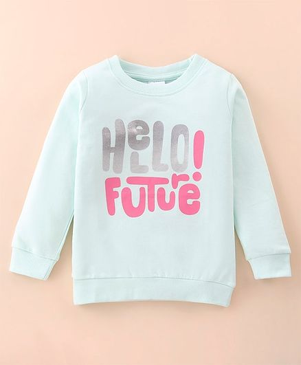 Tango Looper Knit Full Sleeves Sweatshirt with Text Print - Aqua