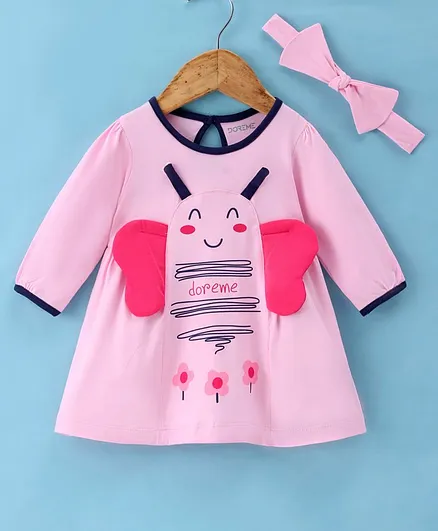 Buy Doreme Single Jersey Knit Three Fourth Sleeves Frock With Headband  Butterfly Print- Light Pink for Girls (4-5 Years) Online in India, Shop at 