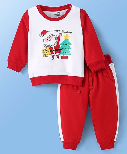 Doodle Poodle  Light Weight Looper Cotton Full Sleeves T-Shirt & Lounge Pant Set with Santa Print - White & Red