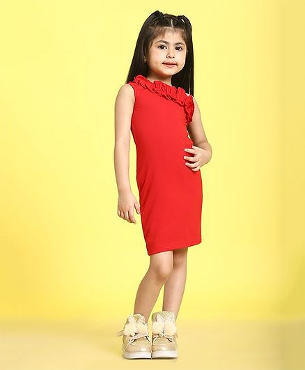 Mini & Ming Cotton One Shoulder  Frill Detailed & Solid Knitted Dress -  Red