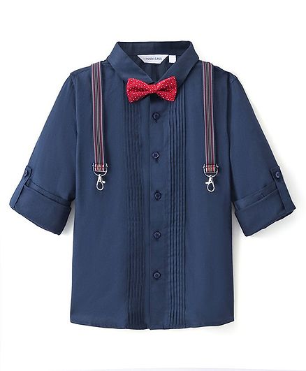 Mark & Mia Full Sleeves Solid Colour Pleated Party Shirt with  Suspender & Bow -  Navy Blue