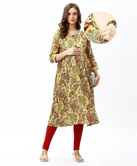 Bella Mama Woven Three Fourth Sleeves Embroidery Detailing With Highlighted Yoke Maternity Kurta - Yellow