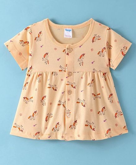 Tango Single Jersey Knit Hallf Sleeves Unicorn Printed Frock - Yellow