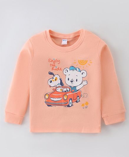 Tango Interlock Knit  Full Sleeves T-Shirt with Bear & Puppy Print - Orange