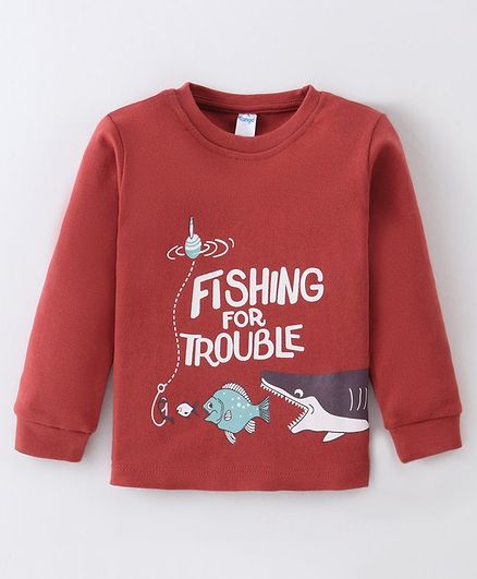 Tango Interlock Knit Full Sleeves T-Shirt with Text & Shark Print - Maroon