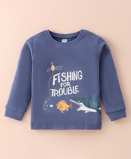 Tango Interlock Knit Full Sleeves T-Shirt with Text & Shark Print - Blue