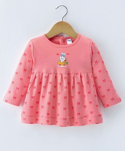 Tango Interlock Knit Full Sleeves Frock with Bunny & Bow Print - Coral