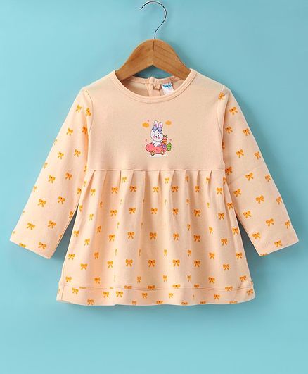 Tango Interlock Knit Full Sleeves Frock with Bunny & Bow Print - Gold