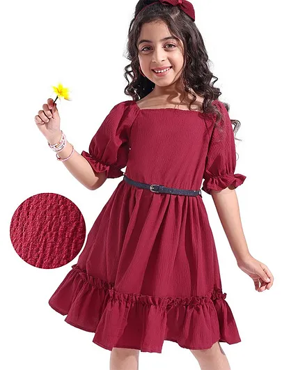 Hola Bonita Woven Half Puff Sleeves Tiered Frock with Solid Colour & Textured Fabric - Plum