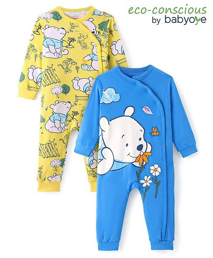 Babyoye Disney Interlock Knit Full Sleeves Front Open Rompers with Winnie The Pooh Graphics Pack of 2 - Blue & Yellow