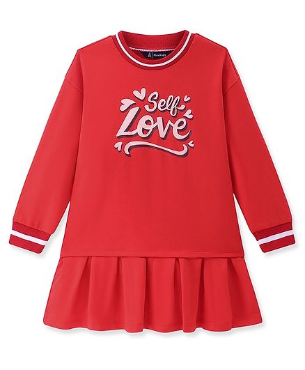 Pine Kids Cotton Knit Full Sleeves Winter Frock with Text Print - Red