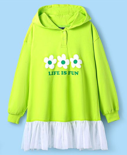 Pine Kids Cotton Knit Full Drop Shoulder Sleeves  Winter Frock With Floral Print - Lime Green