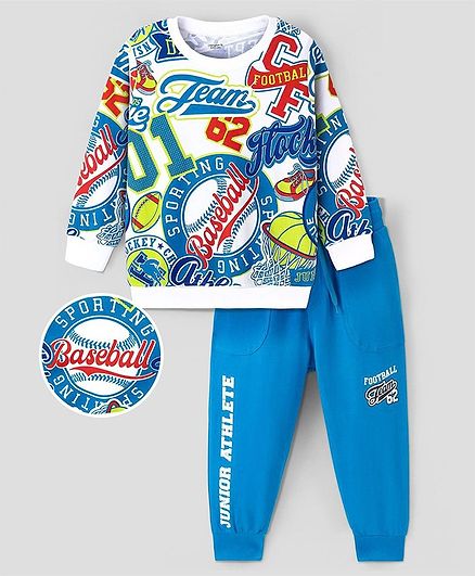 Ollington St. 100% Cotton Knit Full Sleeves Sweatshirt & Joggers Set With Varsity Print - Blue & White