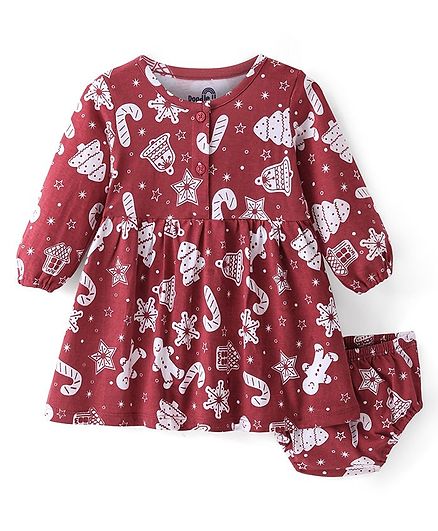 Doodle Poodle Cotton Knit Full Sleeves Christmas Theme Printed A Line Frock with Bloomer - Maroon