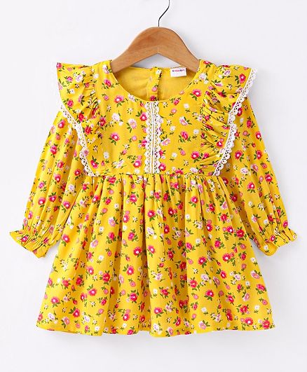 Kookie Kids Woven Full Sleeves One Piece Floral Printed Frock with Frill & Lace Detailing - Yellow