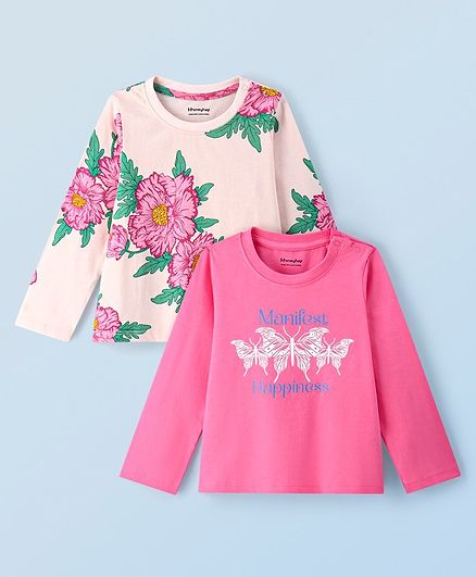 Honeyhap 100% Cotton Knit Full Sleeves Top With Floral & Butterfly Print Pack of 2 - Baby Pink & Dark Pink