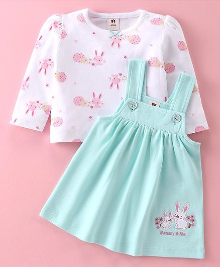 ToffyHouse Cotton Knit Full Sleeves Frock with Inner T-Shirt Bunny Embroidery & Print - Sea Green