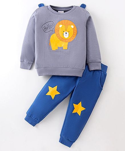 Kookie Kids Fleece Knit  Full Sleeves Winter Wear Suits With Lion Print & Spikes Detailing - Navy Blue & Grey