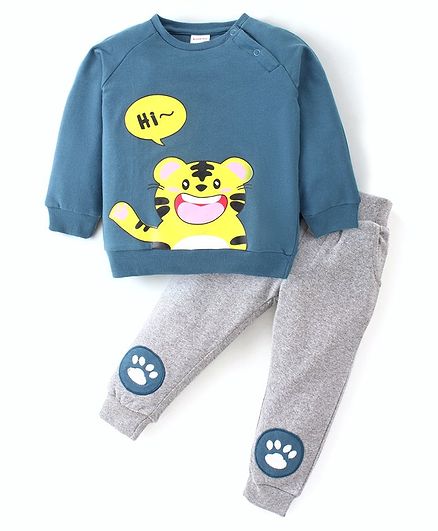 Kookie Kids Fleece Knit  Full Sleeves Winter Wear Suits With Tiger Print  -  Blue & Grey