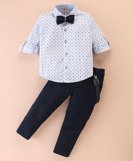 Dapper Dudes Full Sleeves Abstract Printed Shirt With Pant Suspender & Bow Set - Blue