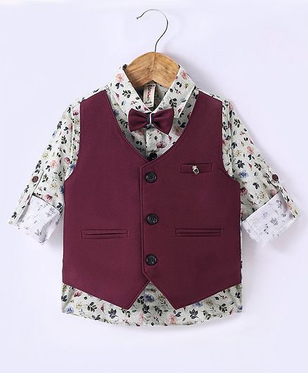 Dapper Dudes Full Sleeves Floral Printed Shirt With Attached Waistcoat & Bow - Wine