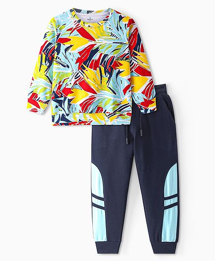 Ollington St. 100% Cotton Knit Full Sleeves Sweatshirt & Joggers Set With Tropical Print - Multicolor