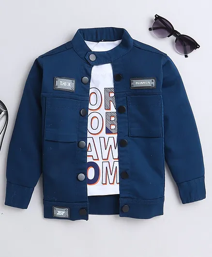 Buy Ministitch Denim Full Sleeves Solid Jacket With Born To Be Awesome Text  Printed T-Shirt Peacock Blue for Boys (13-14 Years) Online in India,
