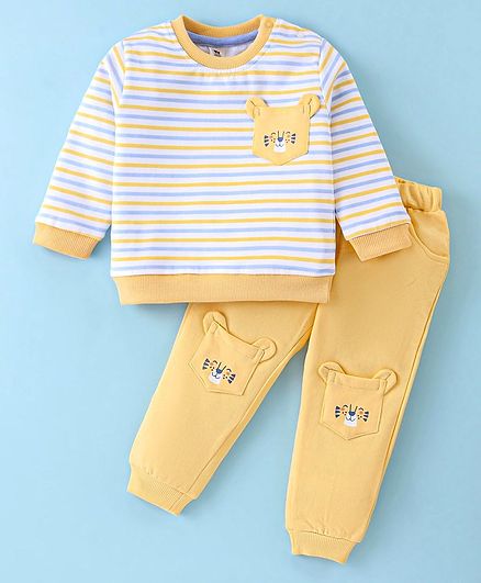 ToffyHouse 100% Cotton Knit Full Sleeves Striped T-Shirt & Lounge Pants Winter Wear Set With Tiger Patch Detailing - Mustard