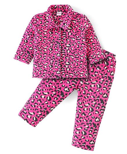 Babyhug Woven Full Sleeves Collared Winter Wear Co-Ord Suit With Leopard Print - Dark Pink