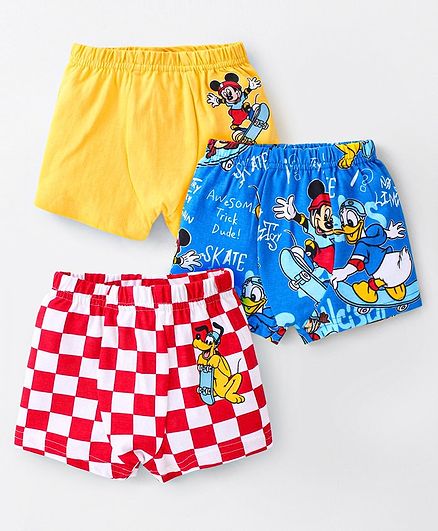 Babyhug Disney Cotton Knit Trunks with Mickey Mouse and Friends Graphics Pack of 3 - Yellow Red & Blue