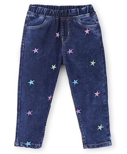 Babyhug Denim Full Length Jeans with Star Embroidery - Blue