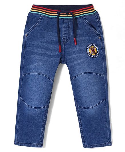 Babyhug Full Length Solid Stretchable Denim Jeans With Embroidery - Blue