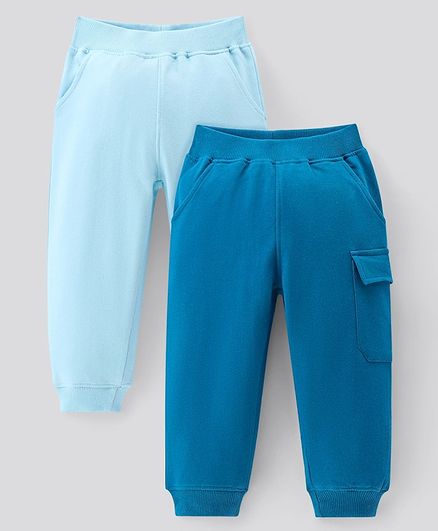 Bonfino 100% Cotton Knit Full Length Solid Lounge Pants With Cargo Pockets Pack Of 2 - Light Blue & Navy