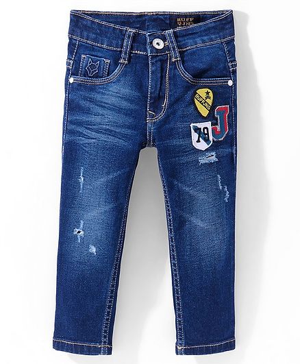 Ruff Full Length Denim Jeans with Number Patch Solid Colour - Blue