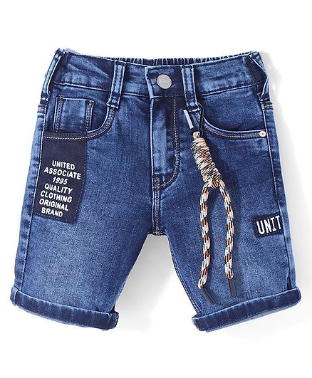 Ruff Knee Length Denim Jamaican with Text Patch - Blue