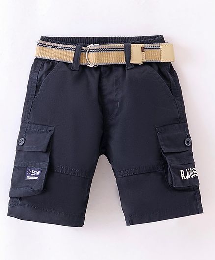 Ruff Cotton Woven Knee Length Jamaican with Cargo Pockets & Text Print - Navy Blue