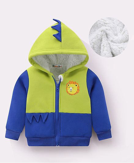 Kookie Kids Full Sleeves Cut & Sew Hooded Sweatjacket Lion Print - Green & Blue