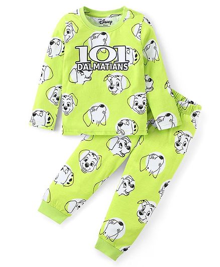 Babyhug Disney Cotton Knit Full Sleeves Night Suit With 101 Dalmatians Graphics - Lime Green