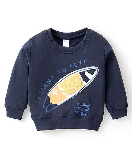 Tango Fleece Knit Full Sleeves Winter T-Shirt with Text Print - Navy