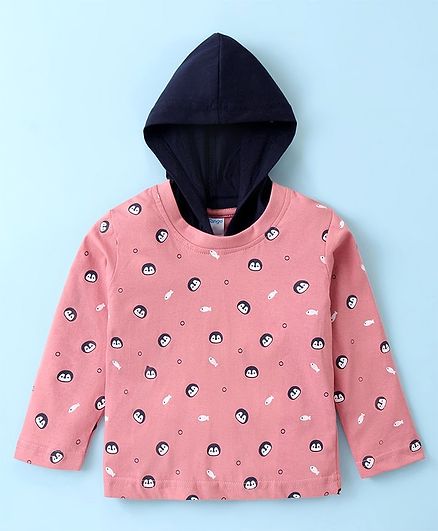 Tango Single Jersey Knit Full Sleeves Hooded T-Shirt with Penguin & Fish Print - Pink