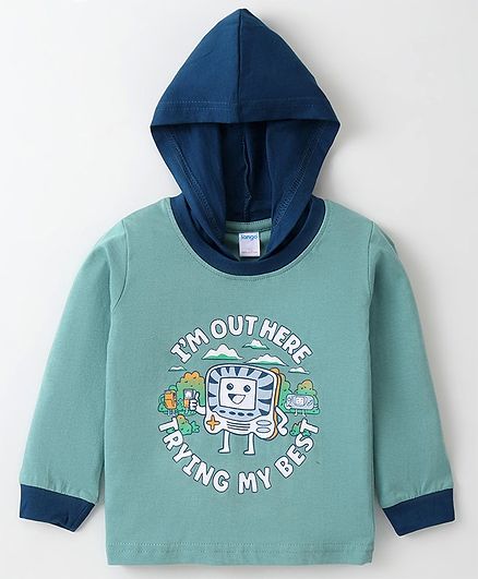 Tango Single Jersey Knit Full Sleeves Hooded T-Shirt with Text & Gaming Console Print - Sea Green