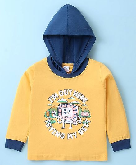 Tango Single Jersey Knit Full Sleeves Hooded T-Shirt with Text & Gaming Console Print - Yellow