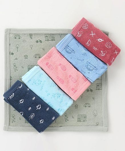 CUCUMBER Cotton Knit Hand & Face Car Printed Towels Pack of 6 L 24 x B 23 cm - Multicolor