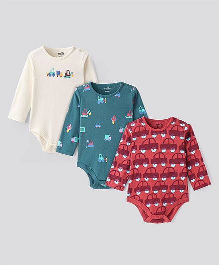 Bonfino Cotton Knit Half Sleeves Onesies with Cars Print Pack Of 3 - Green White & Red