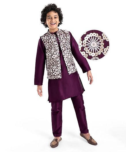 Pine Kids Woven Full Sleeves Kurta Pyjama Set with Sequined Embroidered Nehru Jacket - Wine