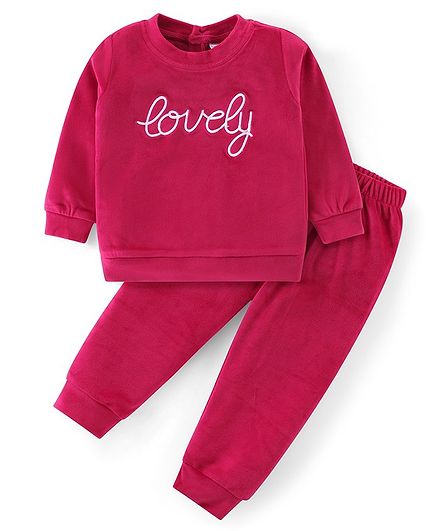 Babyhug Velour Woven Full Sleeves Winter Wear Set With Text Embroidery - Dark Pink