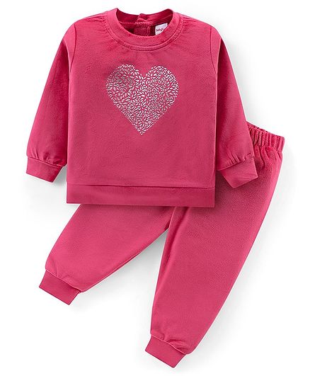 Babyhug Velour Woven Full Sleeves Winter Wear Suit With Heart Print - Fuchsia