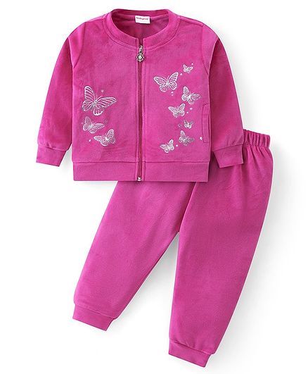 Babyhug Woven Full Sleeves Front Zipper Winter Wear Suit With Butterflies Print - Fuchsia