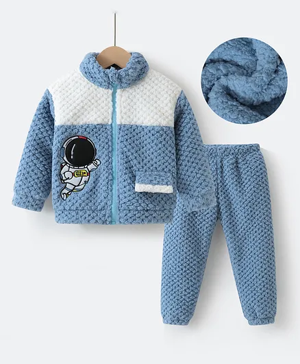 Kookie Kids Full Sleeves Front Zipper Winter Wear Suit With Astronaut Applique - Blue